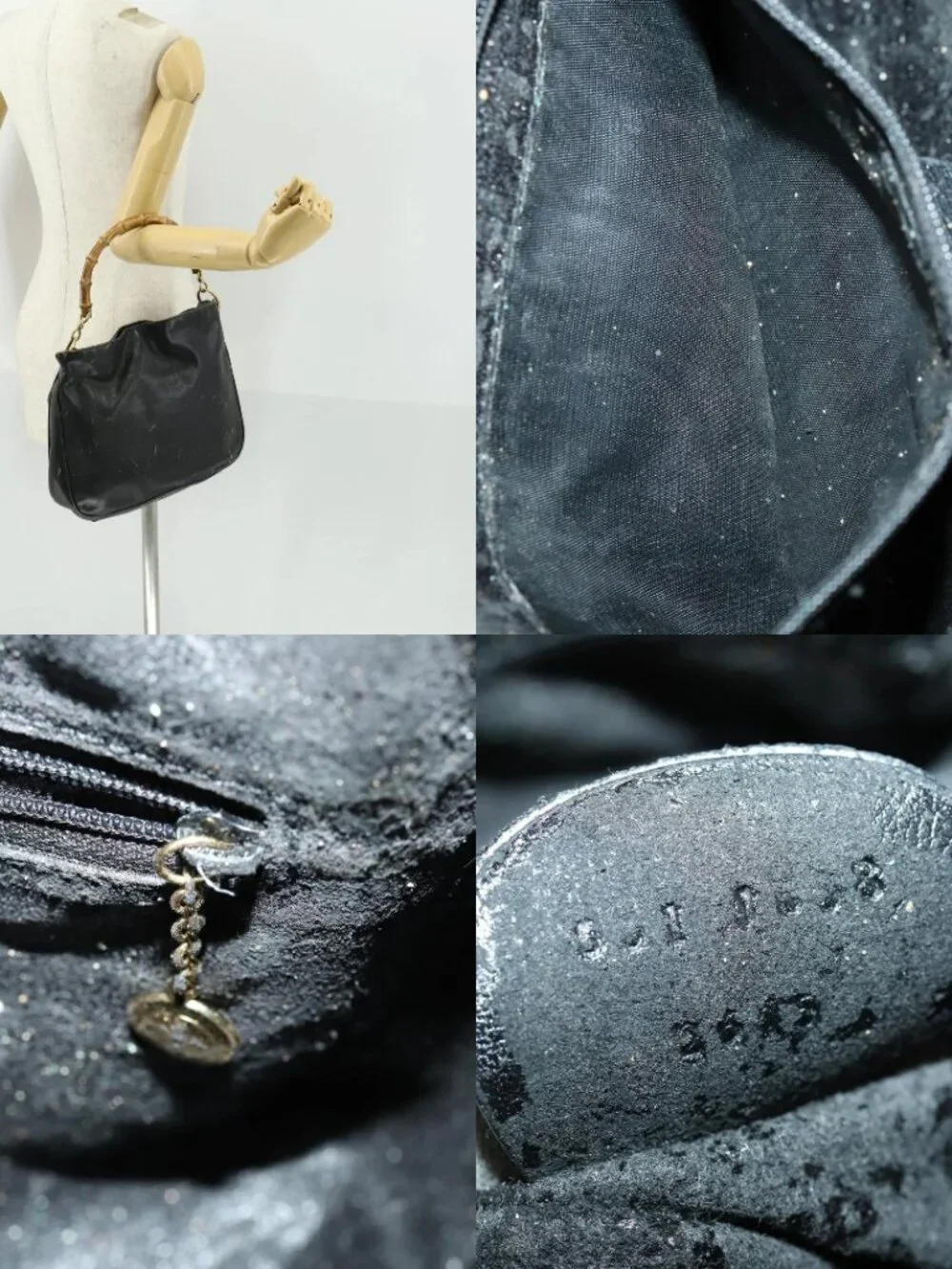 GUCCI Bamboo Hand Bag Leather Black Gold Auth 170494